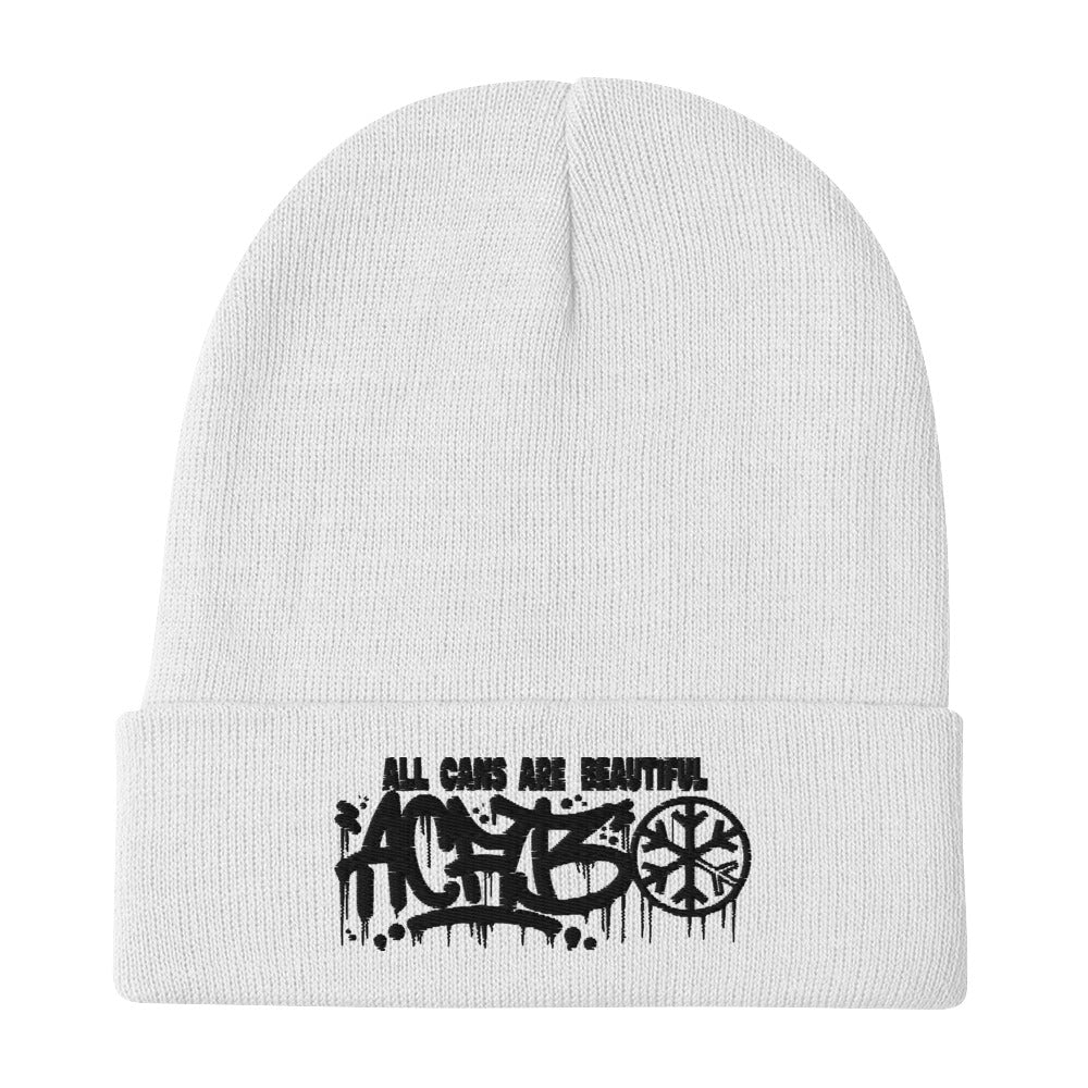 White-ACAB Graffiti Tag Beanie Hat from B.Different Clothing, flat view, graffiti-inspired streetwear