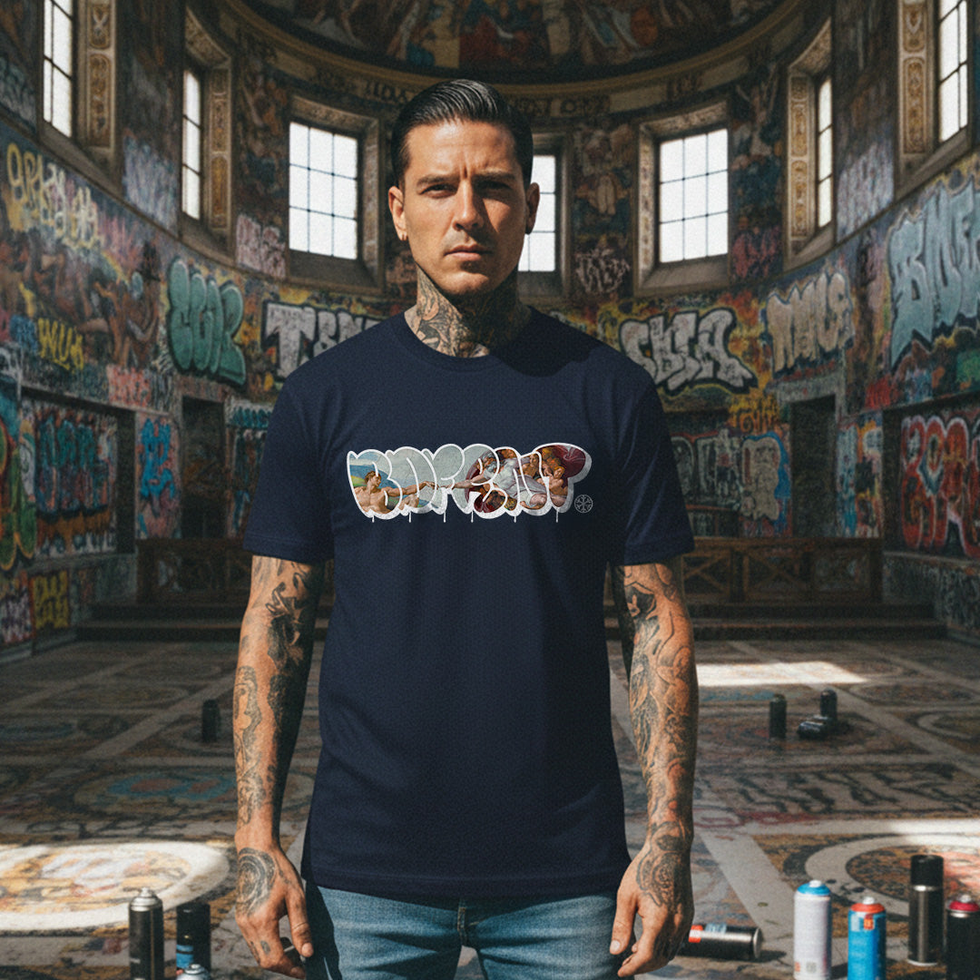 Navy-BDFRNT Throwie x Creation of Adam Graffiti Tee from B.Different Clothing, male model, graffiti-inspired streetwear t-shirt