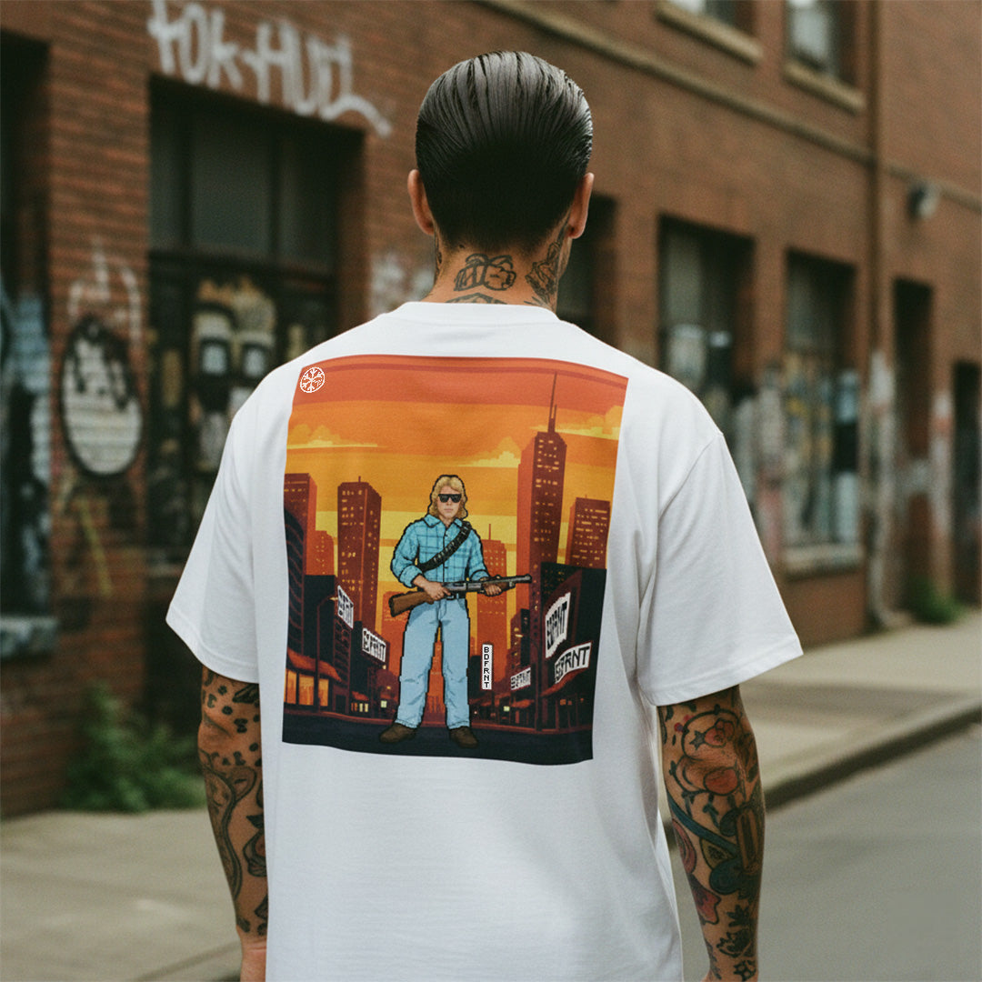 White-Pixel Disobey Tee from B.Different Clothing, male model, graffiti-inspired streetwear oversized heavyweight t-shirt