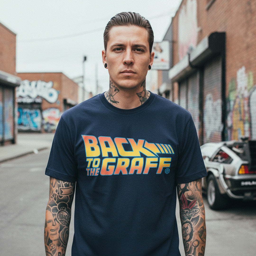 Navy-Back to the Graff Tee from B.Different Clothing, male model, graffiti-inspired streetwear t-shirt