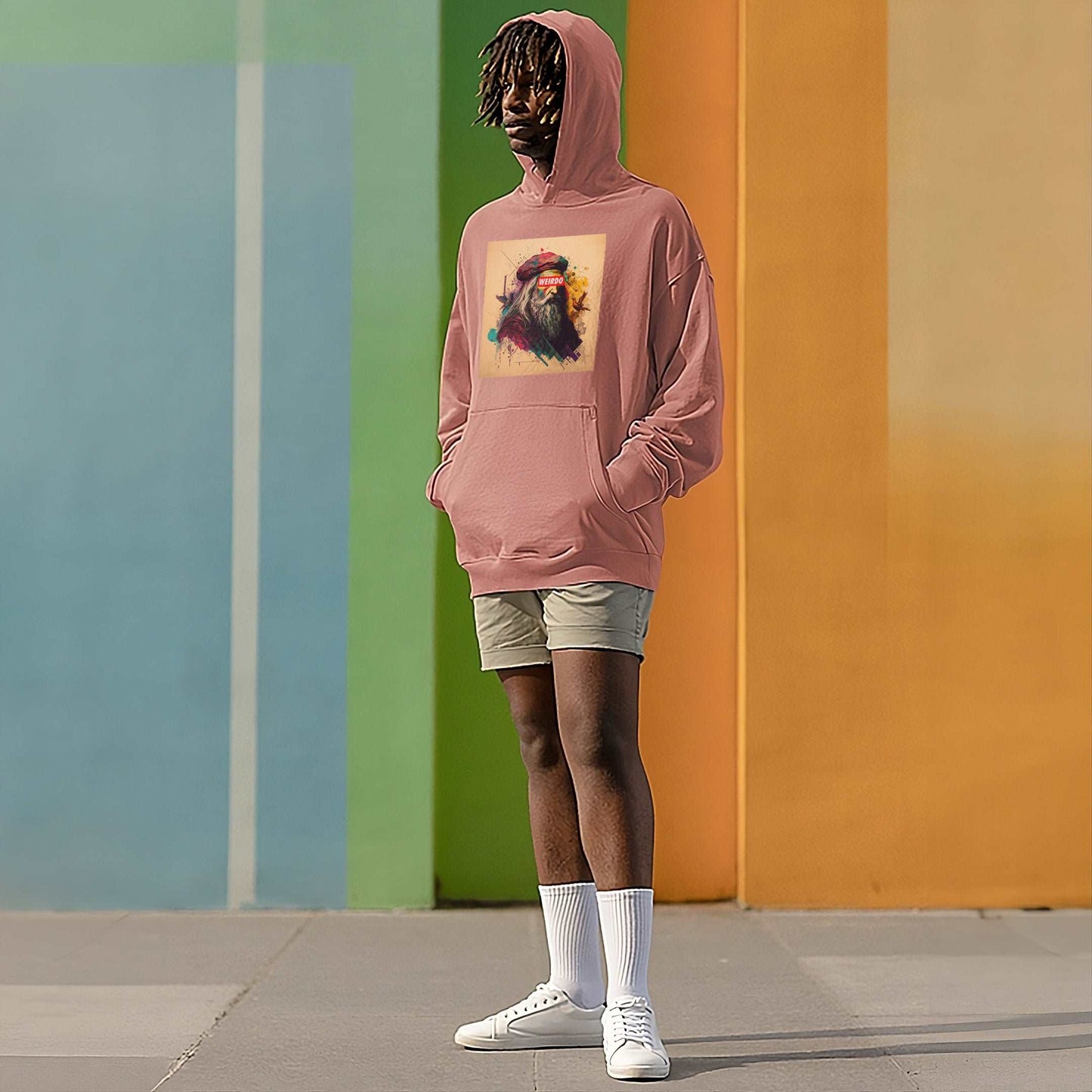 Pink-Leonardo da Vinci Hoodie from B.Different Clothing, male model, graffiti-inspired streetwear