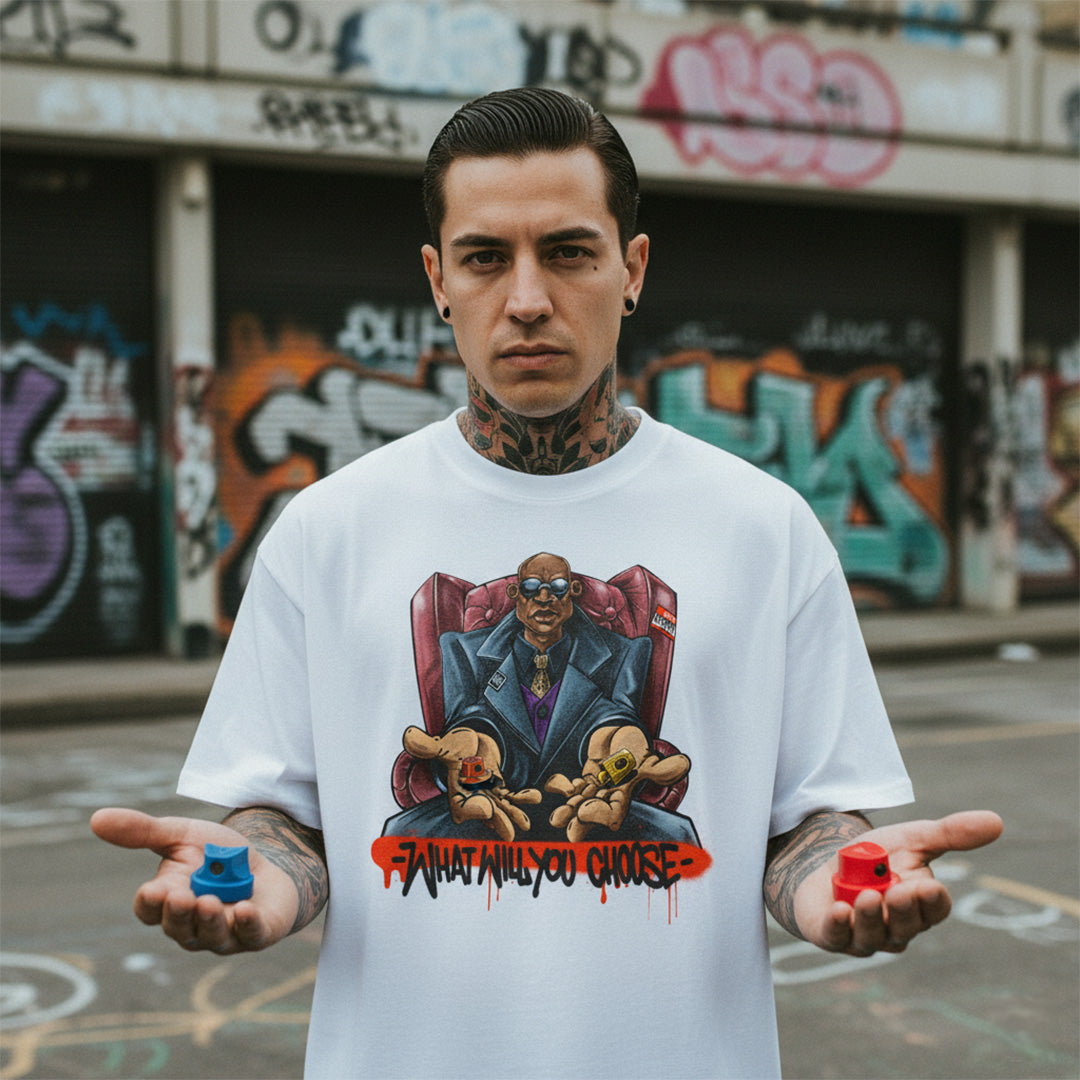 White-Make Your Choice Graffiti Tee by Trk One from B.Different Clothing, male model, graffiti-inspired streetwear, oversized heavyweight t-shirt