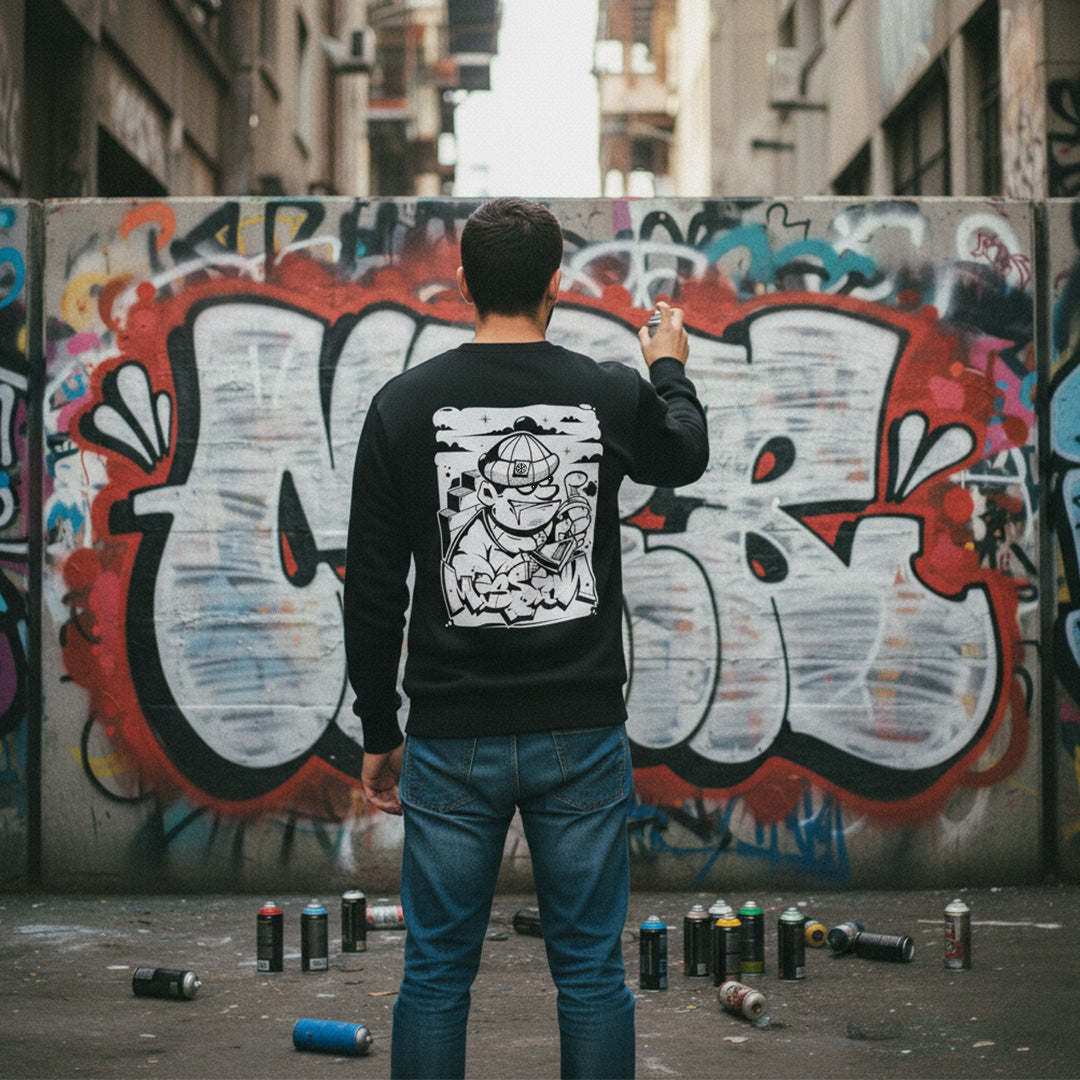 Black-Mission Graffiti Character Sweatshirt from B.Different Clothing, male model, graffiti-inspired streetwear