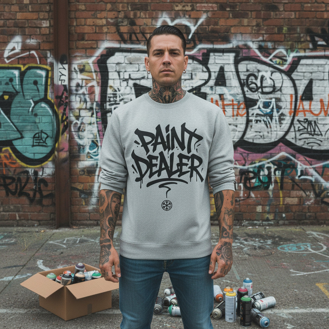 Gray-Paint Dealer Graffiti Tag Sweatshirt from B.Different Clothing, male model, graffiti-inspired streetwear