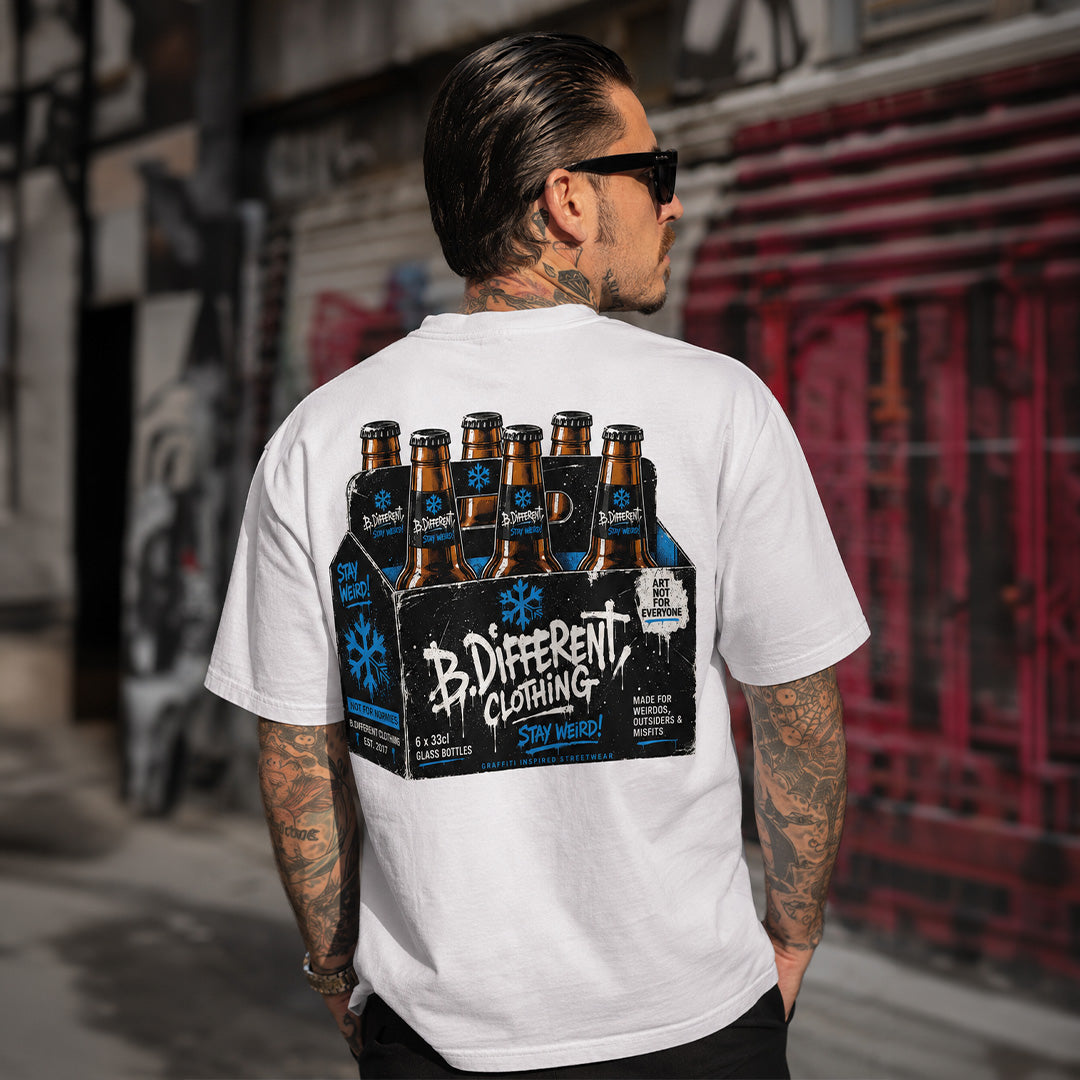 White-Six Pack Beer Graffiti Tee from B.Different Clothing, male model, graffiti-inspired streetwear