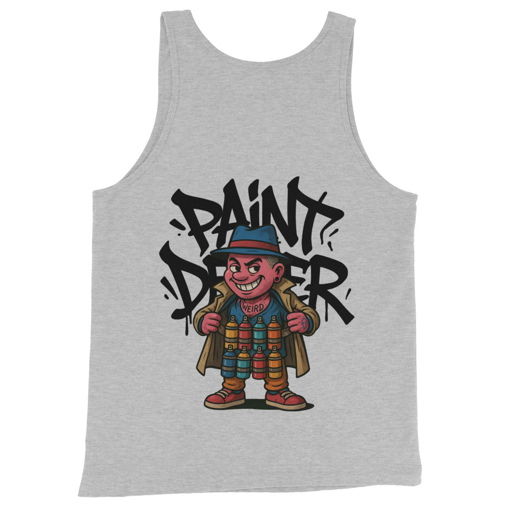 Gray-Paint Dealer Graffiti Character Tank Top from B.Different Clothing, back view, graffiti-inspired streetwear