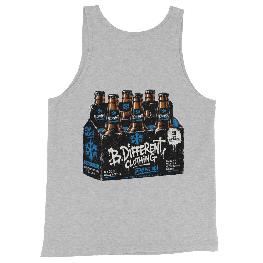 Gray-Six Pack Beer Graffiti Tank Top from B.Different Clothing, back view, graffiti-inspired streetwear