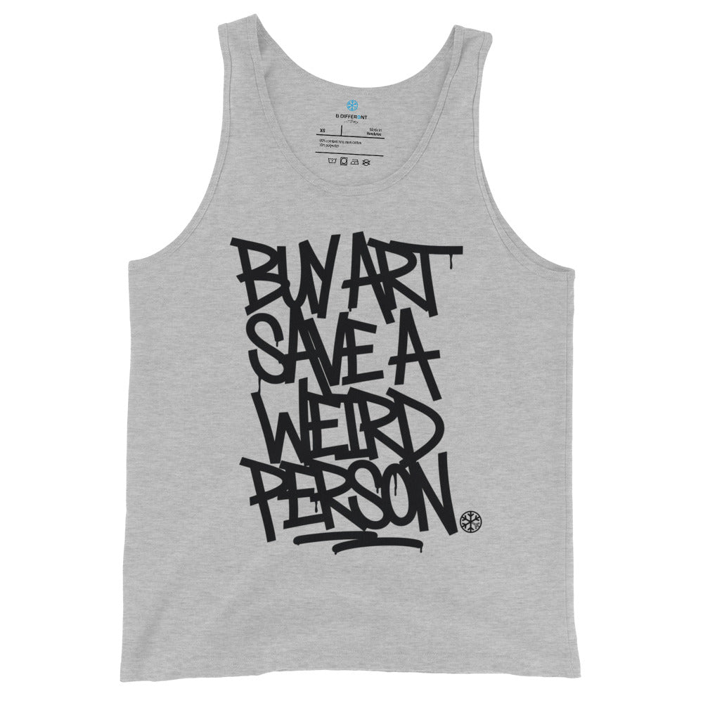 Gray-Buy Art Save a Weird Person Graffiti Tank Top from B.Different Clothing, front view, graffiti-inspired streetwear