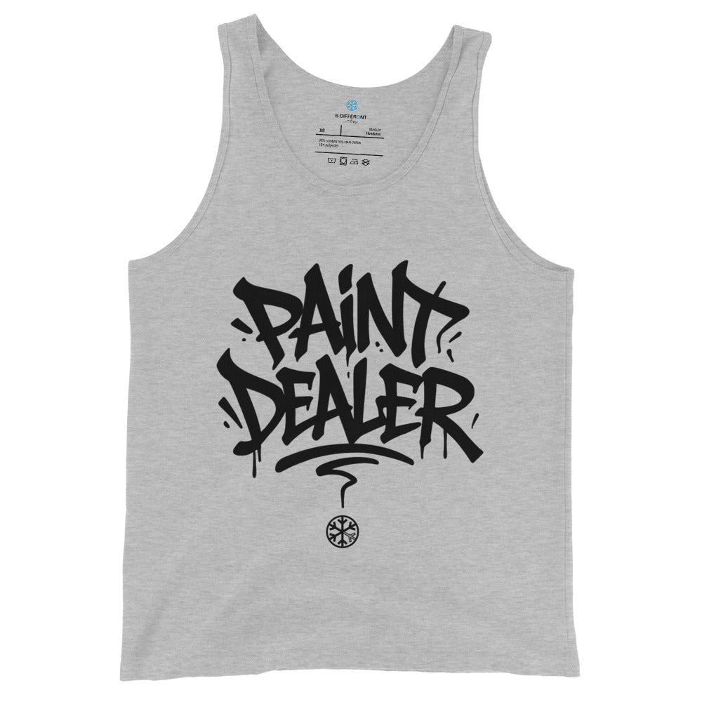 Gray-Paint Dealer Graffiti Tag Tank Top from B.Different Clothing, front view, graffiti-inspired streetwear