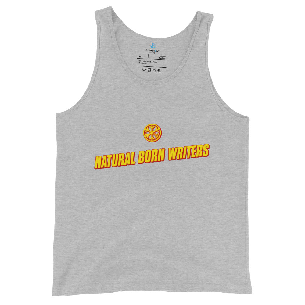 Gray-Natural Born Writers Graffiti Tank Top from B.Different Clothing, front view, graffiti-inspired streetwear