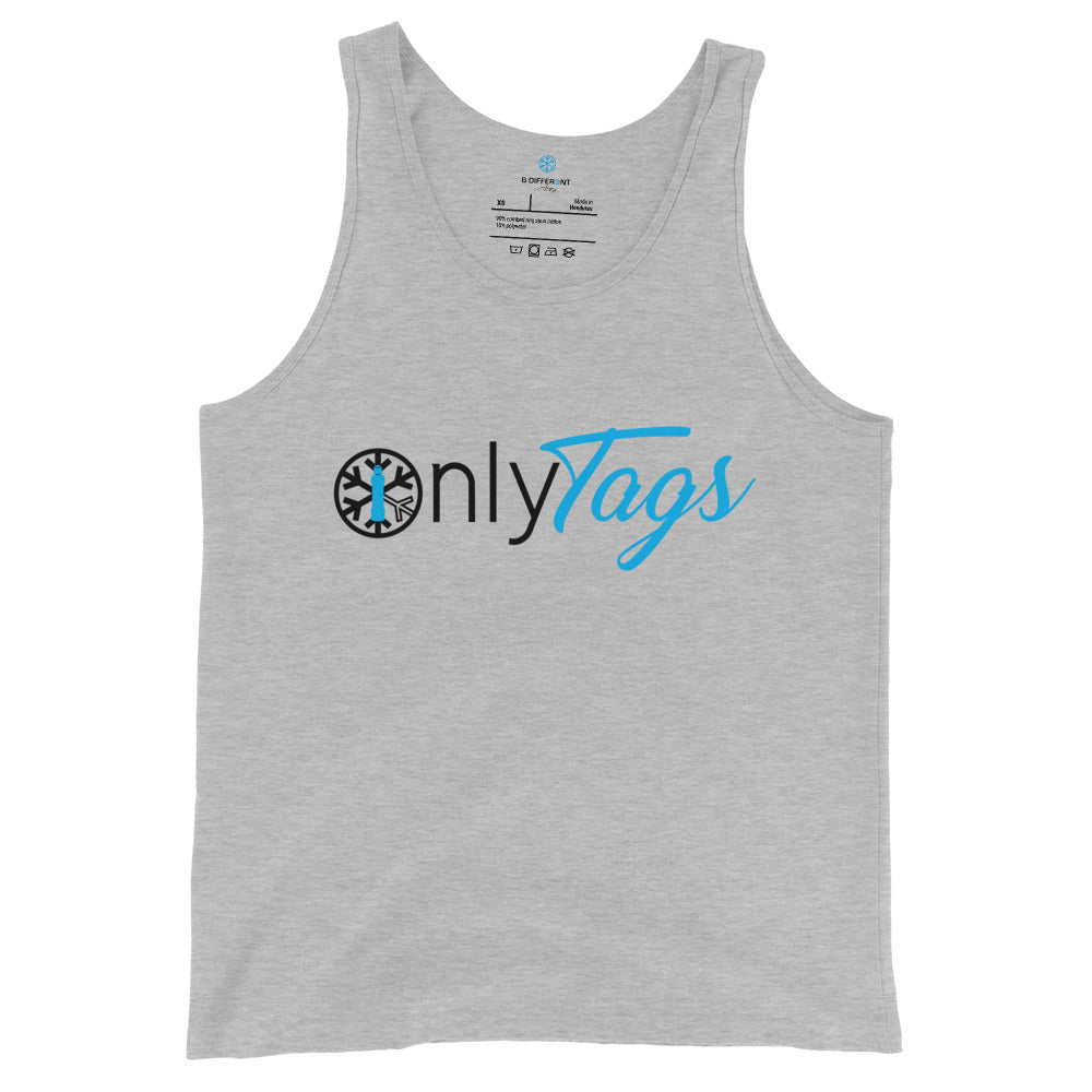 Gray-Only Tags Graffiti Tank Top from B.Different Clothing, front view, graffiti-inspired streetwear