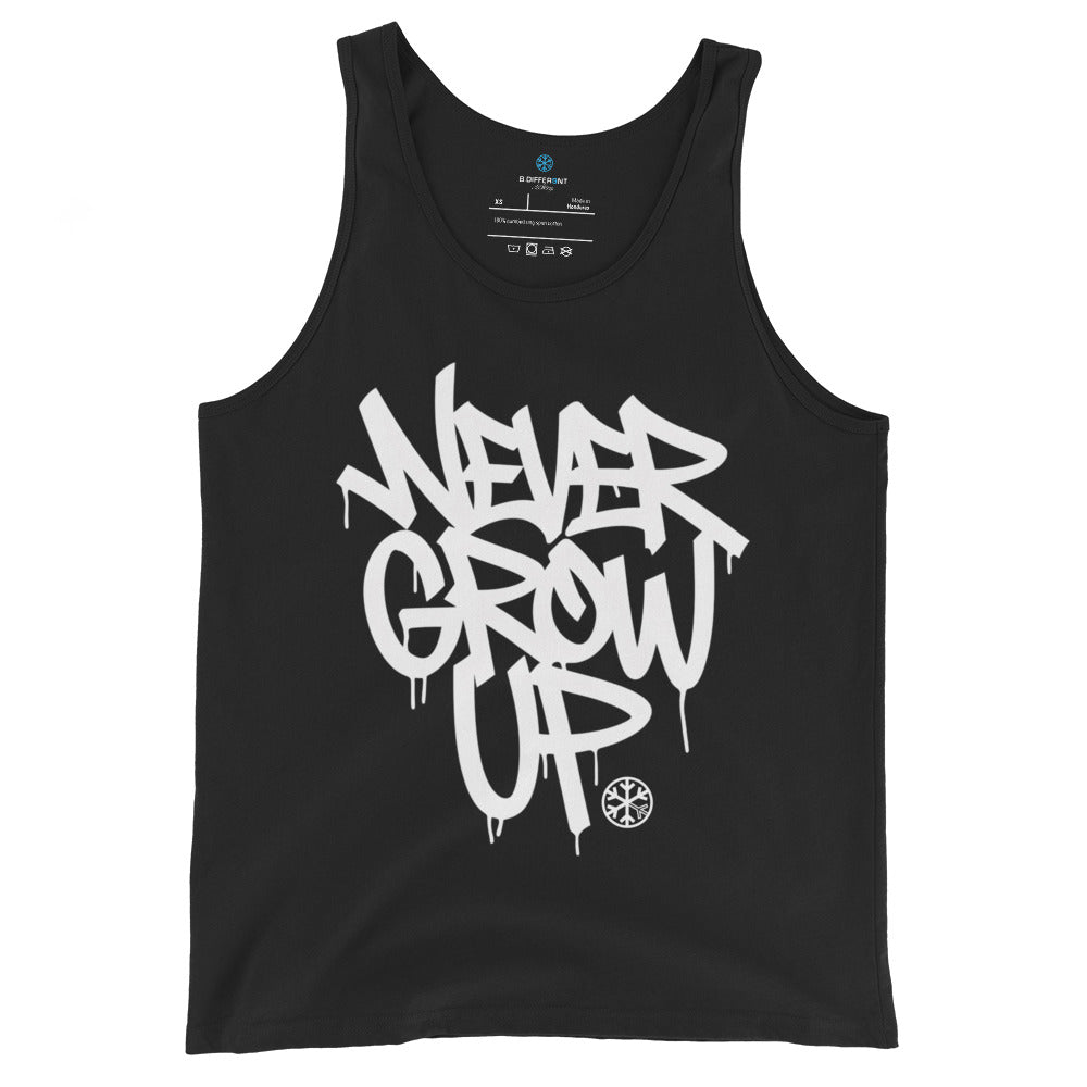 Black-Never Grow Up Graffiti Tank Top from B.Different Clothing, front view, graffiti-inspired streetwear