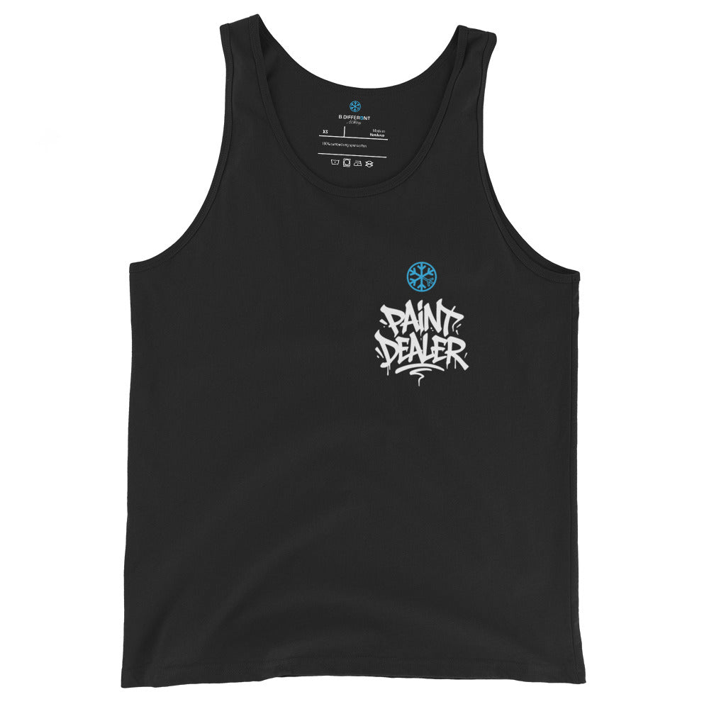 Black-Paint Dealer Graffiti Character Tank Top from B.Different Clothing, front view, graffiti-inspired streetwear