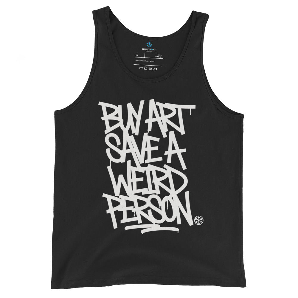 Black-Buy Art Save a Weird Person Graffiti Tank Top from B.Different Clothing, front view, graffiti-inspired streetwear