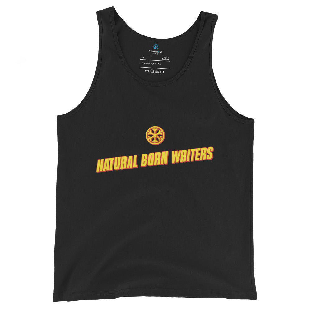 Black-Natural Born Writers Graffiti Tank Top from B.Different Clothing, front view, graffiti-inspired streetwear