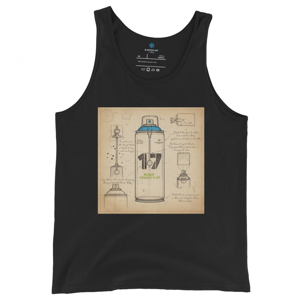 Black-Spray Can Sketch Graffiti Tank Top from B.Different Clothing, front view, graffiti-inspired streetwear