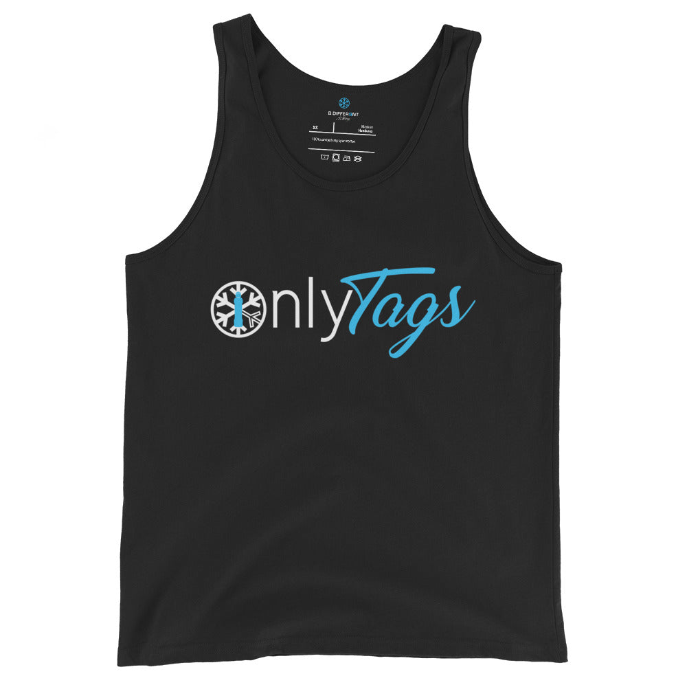 Black-Only Tags Graffiti Tank Top from B.Different Clothing, front view, graffiti-inspired streetwear