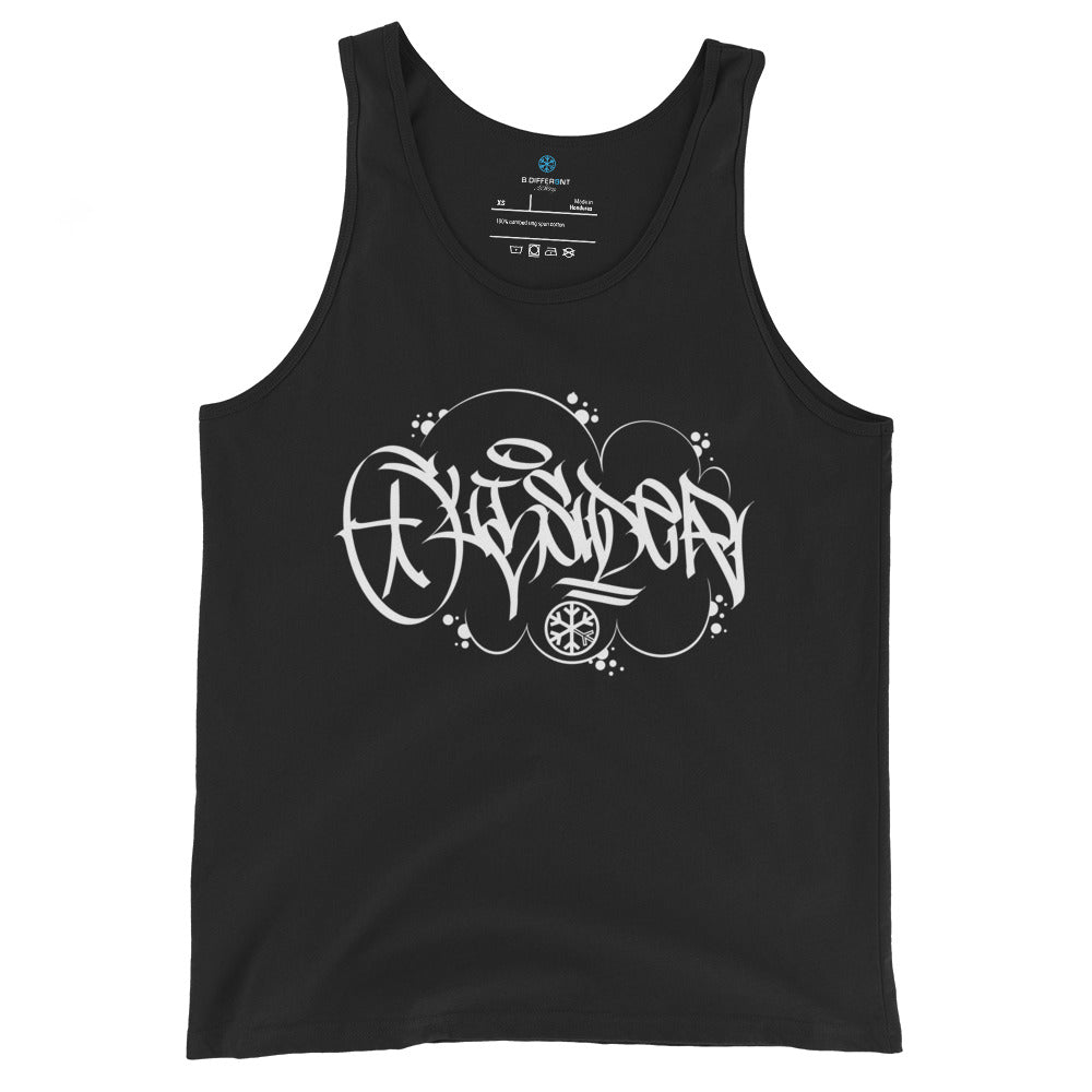 Black-Outsider Graffiti Tag Tank Top by Caos One from B.Different Clothing, front view, graffiti-inspired streetwear