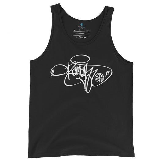 Black-Pariah Tag Tank Top by Graffiti Dad from B.Different Clothing, front view, graffiti-inspired streetwear