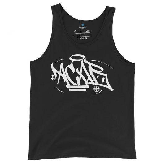 Black-Acab Graffiti Tag Tank Top by Caos One from B.Different Clothing, front view, graffiti-inspired streetwear