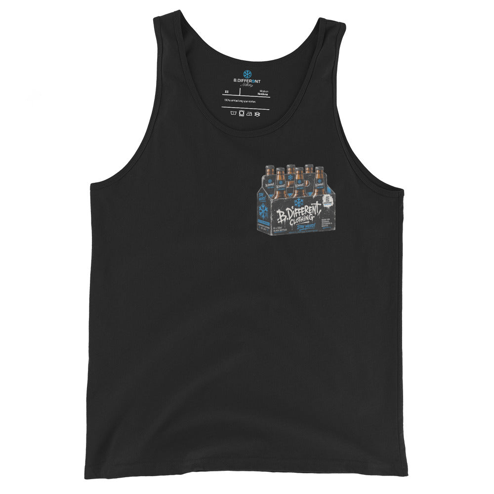 Black-Six Pack Beer Graffiti Tank Top from B.Different Clothing, front view, graffiti-inspired streetwear