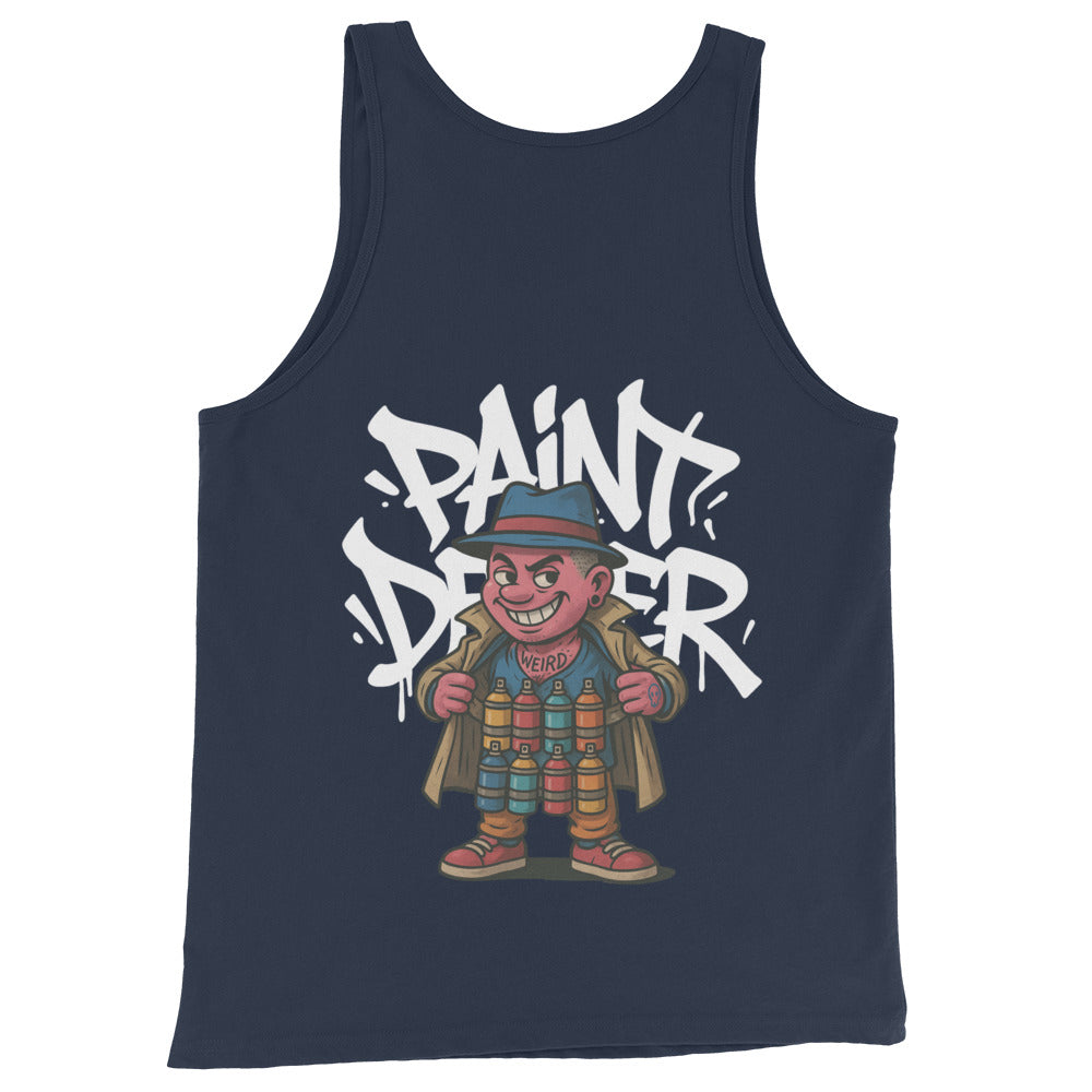 Navy-Paint Dealer Graffiti Character Tank Top from B.Different Clothing, back view, graffiti-inspired streetwear