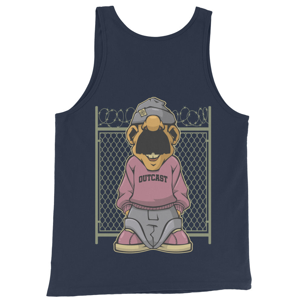 Navy-Outcast Graffiti Character Tank Top from B.Different Clothing, back view, graffiti-inspired streetwear