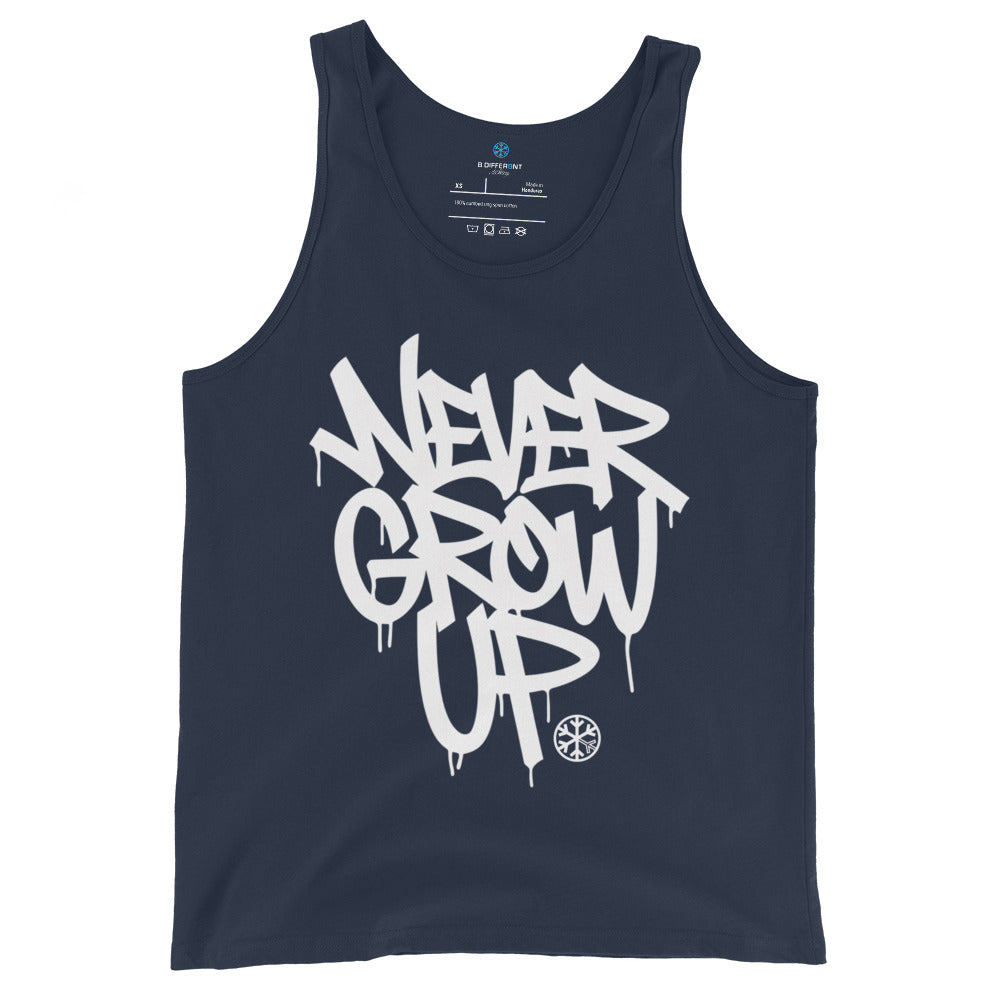 Navy-Never Grow Up Graffiti Tank Top from B.Different Clothing, front view, graffiti-inspired streetwear
