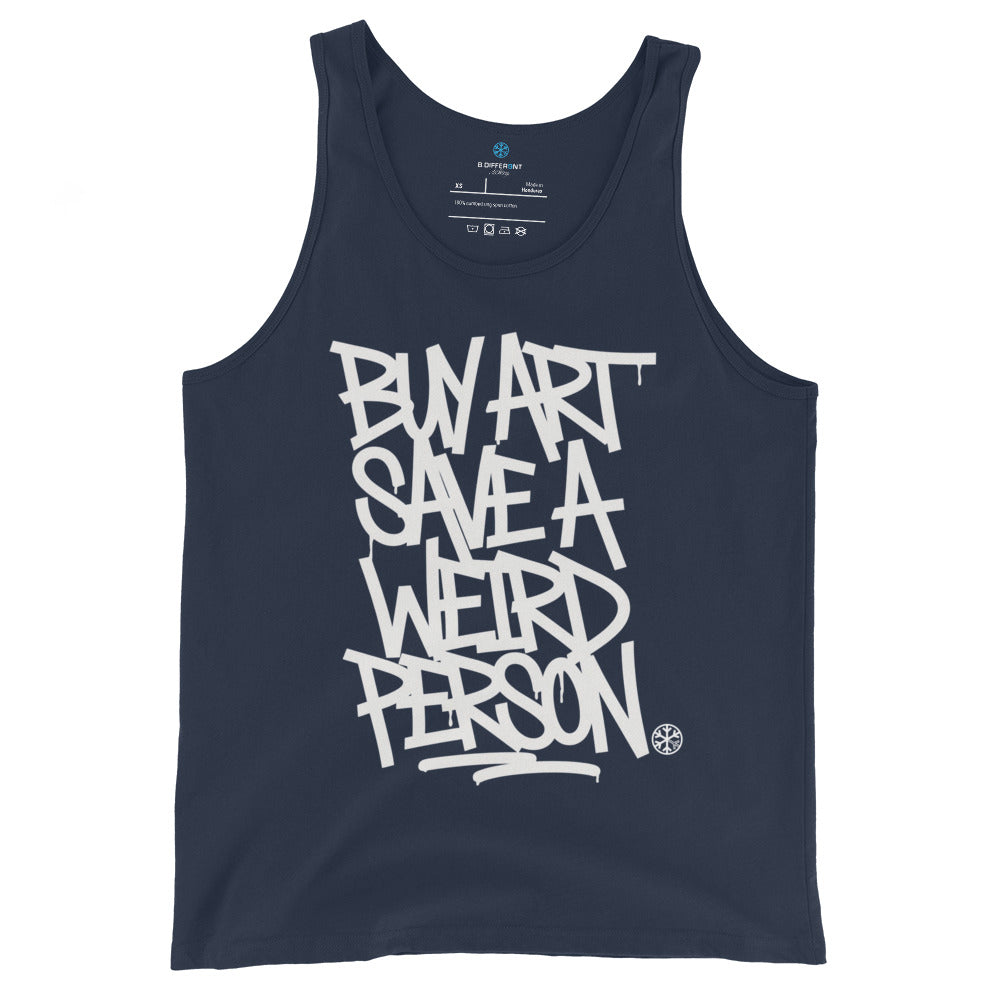 Navy-Buy Art Save a Weird Person Graffiti Tank Top from B.Different Clothing, front view, graffiti-inspired streetwear