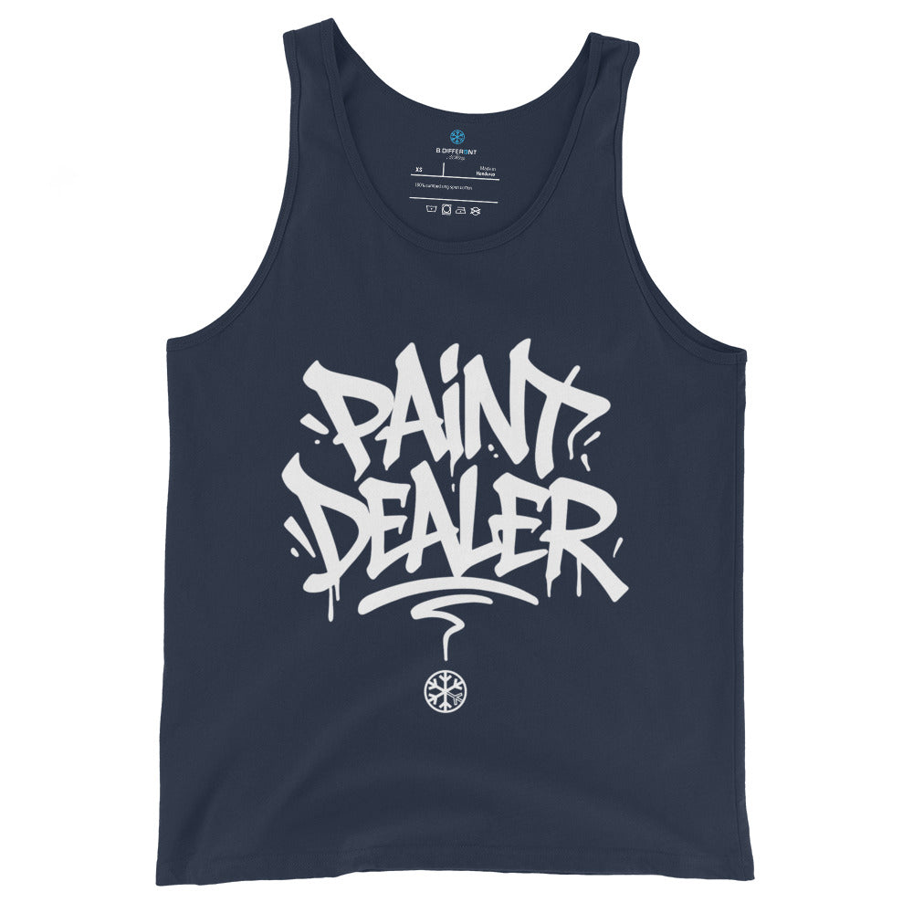 Navy-Paint Dealer Graffiti Tag Tank Top from B.Different Clothing, front view, graffiti-inspired streetwear