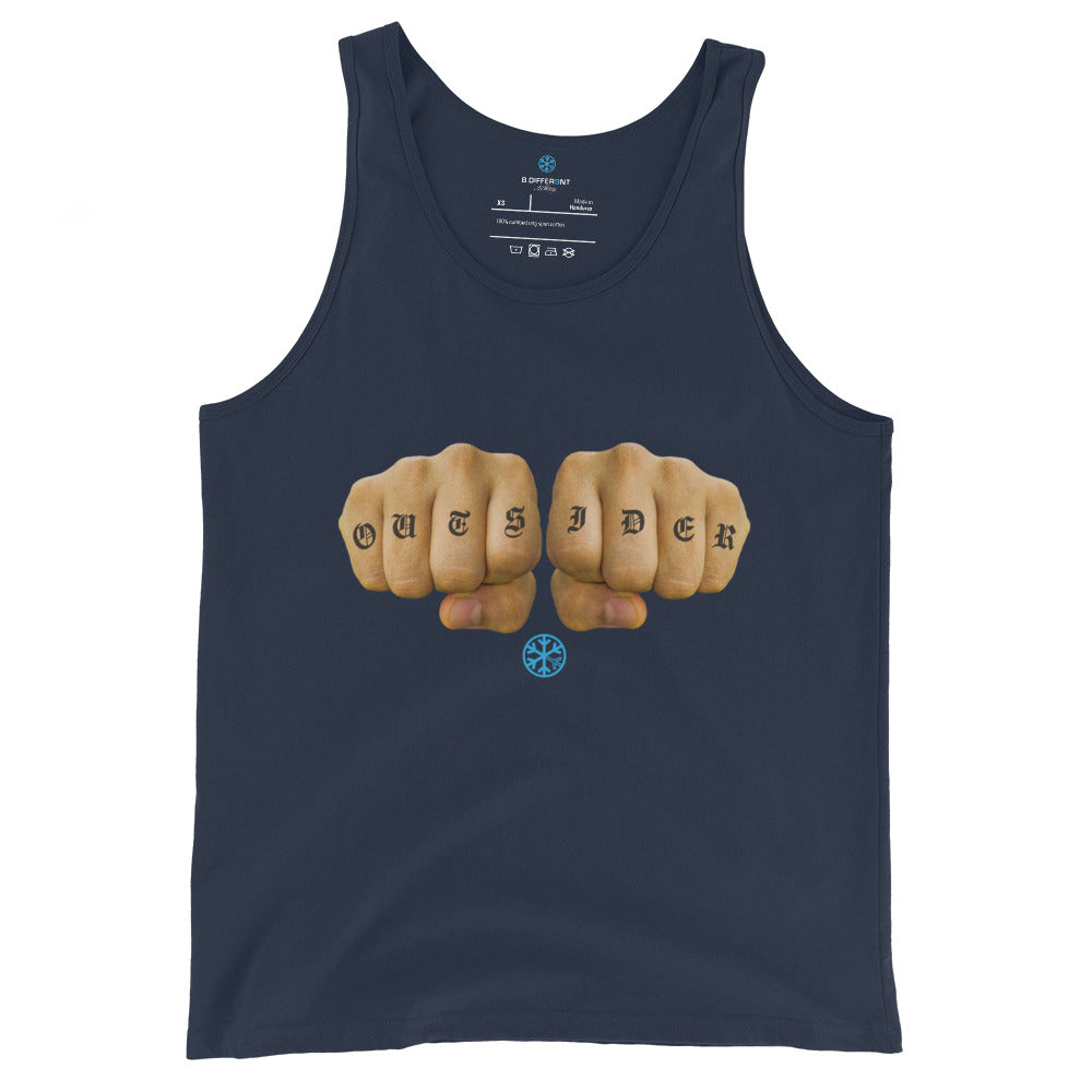 Navy-Outsider Tattoo Tank Top from B.Different Clothing, front view, graffiti-inspired streetwear