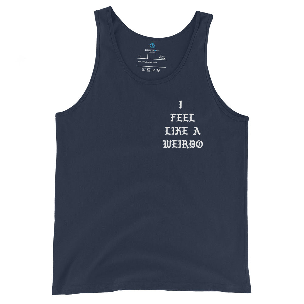 Navy-I Feel Like a Weirdo Tank Top from B.Different Clothing, front view, graffiti-inspired streetwear