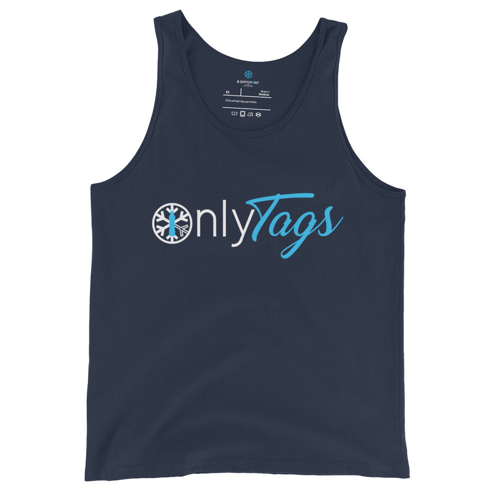 Navy-Only Tags Graffiti Tank Top from B.Different Clothing, front view, graffiti-inspired streetwear