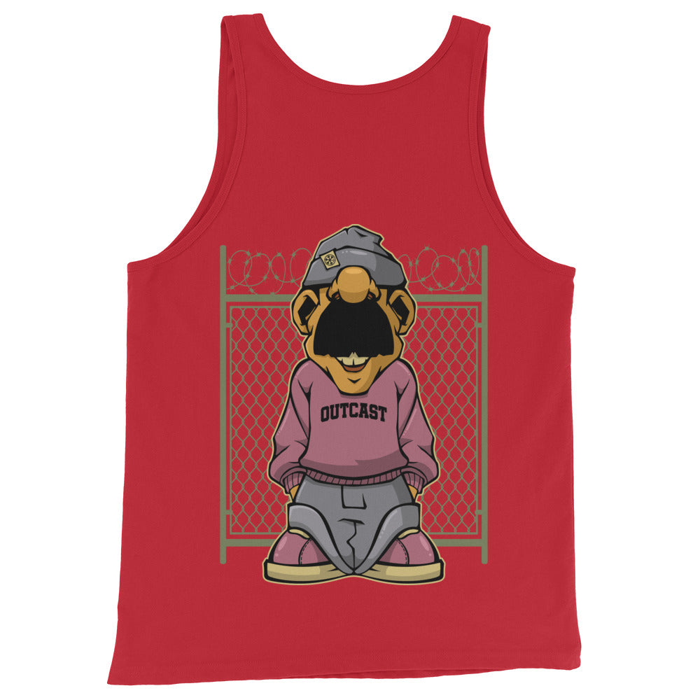 Red-Outcast Graffiti Character Tank Top from B.Different Clothing, back view, graffiti-inspired streetwear