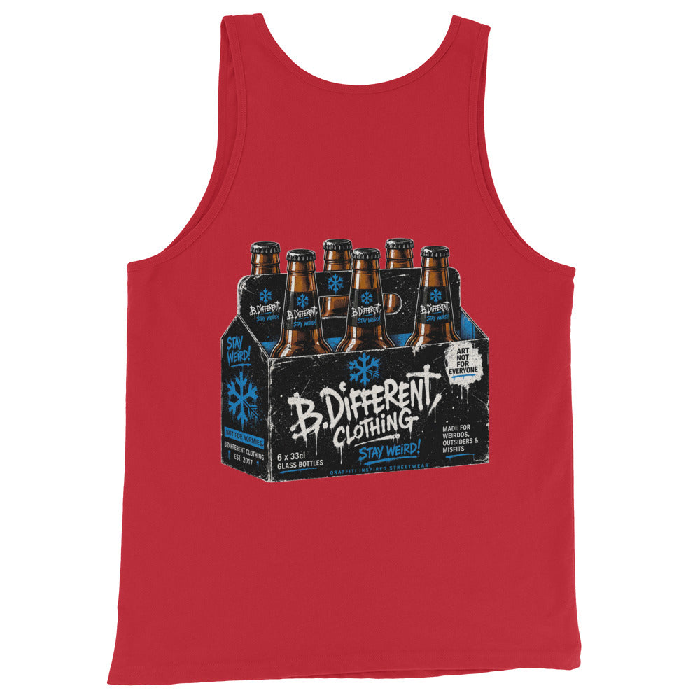 Red-Six Pack Beer Graffiti Tank Top from B.Different Clothing, back view, graffiti-inspired streetwear