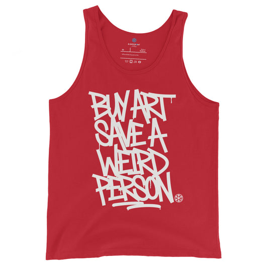 Red-Buy Art Save a Weird Person Graffiti Tank Top from B.Different Clothing, front view, graffiti-inspired streetwear