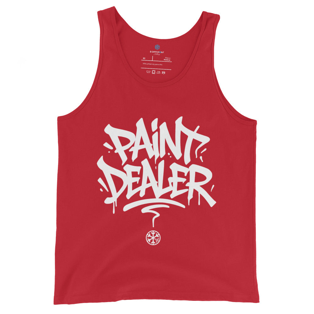 Red-Paint Dealer Graffiti Tag Tank Top from B.Different Clothing, front view, graffiti-inspired streetwear