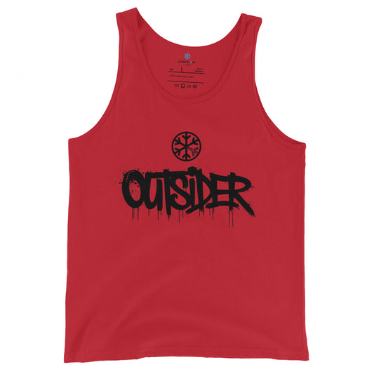 Red-Outsider Graffiti Tag Tank Top from B.Different Clothing, front view, graffiti-inspired streetwear