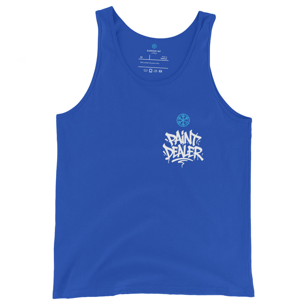 Blue-Paint Dealer Graffiti Character Tank Top from B.Different Clothing, front view, graffiti-inspired streetwear