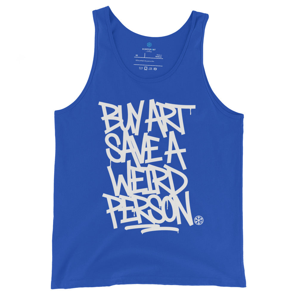 Blue-Buy Art Save a Weird Person Graffiti Tank Top from B.Different Clothing, front view, graffiti-inspired streetwear