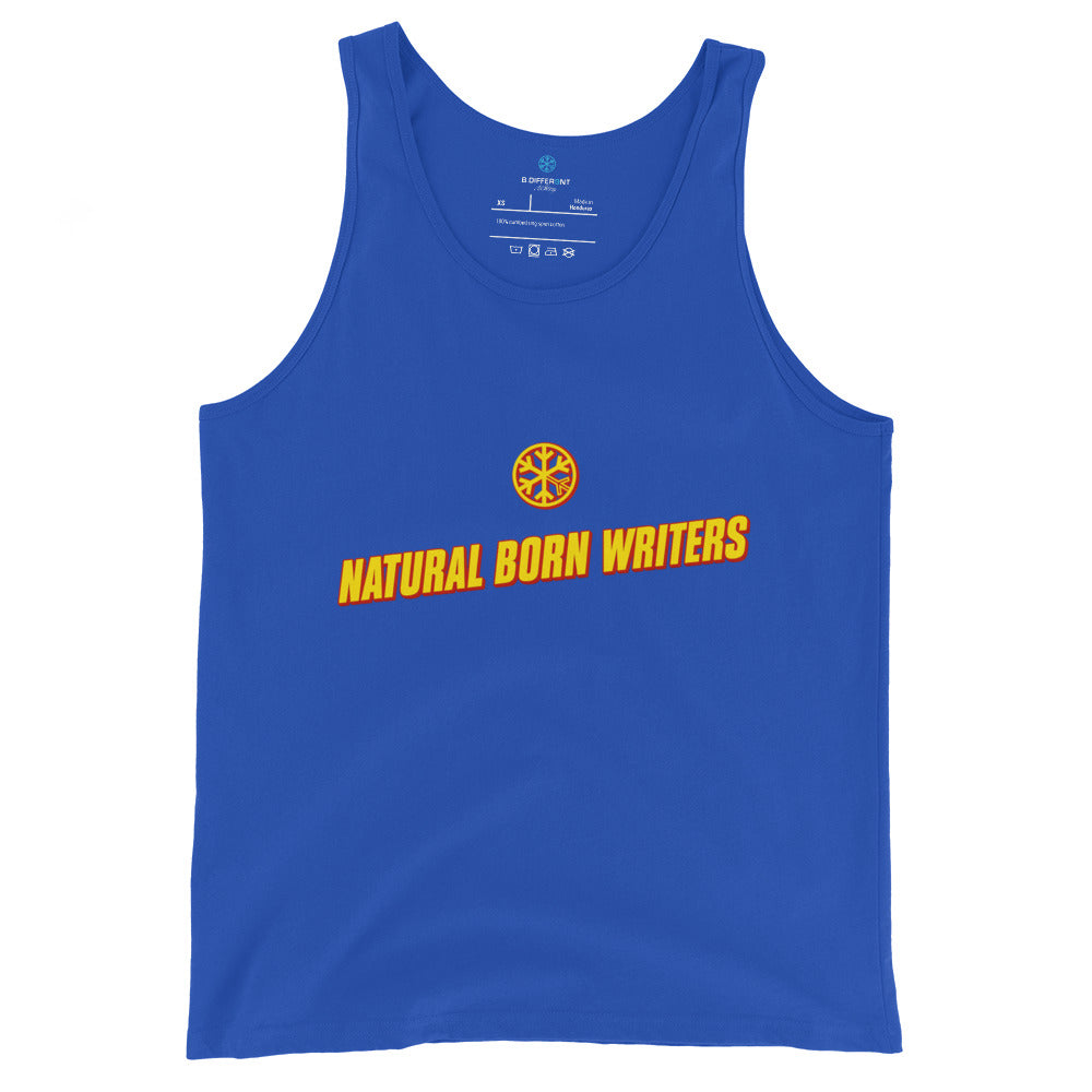 Blue-Natural Born Writers Graffiti Tank Top from B.Different Clothing, front view, graffiti-inspired streetwear