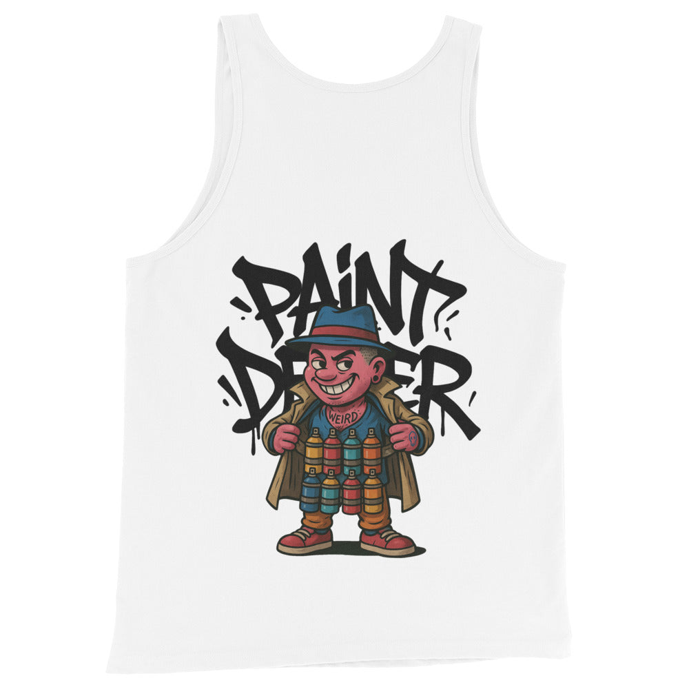 White-Paint Dealer Graffiti Character Tank Top from B.Different Clothing, back view, graffiti-inspired streetwear