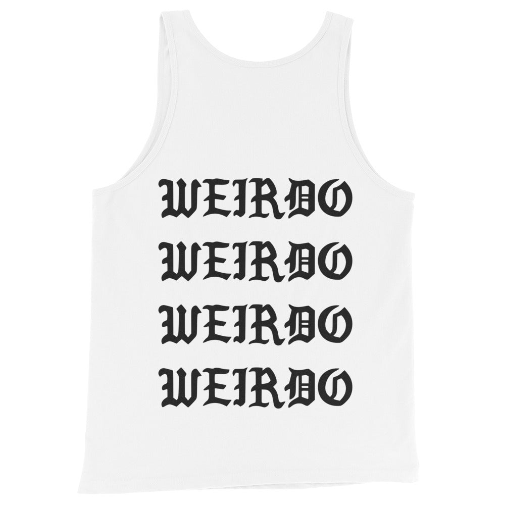 White-I Feel Like a Weirdo Tank Top from B.Different Clothing, back view, graffiti-inspired streetwear