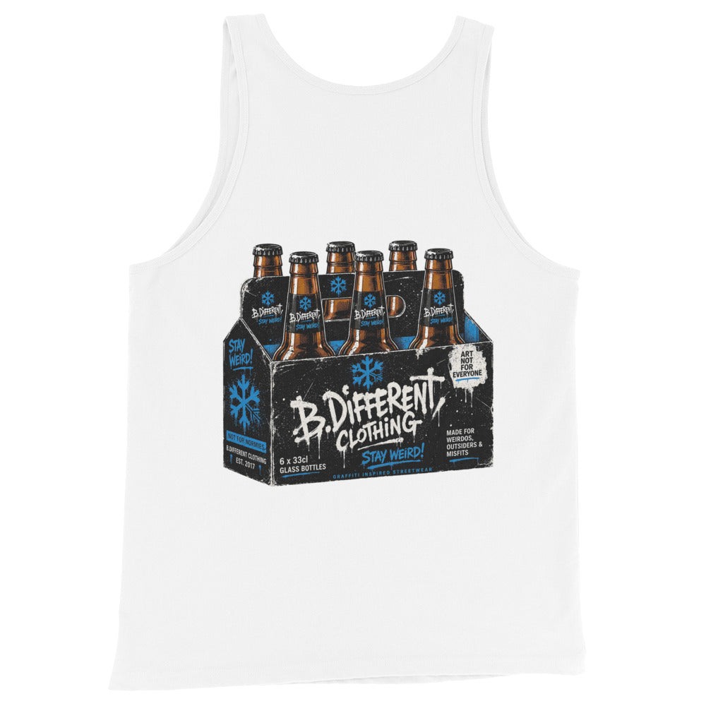 White-Six Pack Beer Graffiti Tank Top from B.Different Clothing, back view, graffiti-inspired streetwear