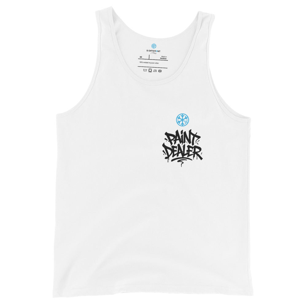 White-Paint Dealer Graffiti Character Tank Top from B.Different Clothing, front view, graffiti-inspired streetwear