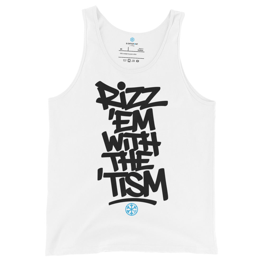 White-Rizz 'Em With The 'Tism Graffiti Tank Top from B.Different Clothing, front view, graffiti-inspired streetwear