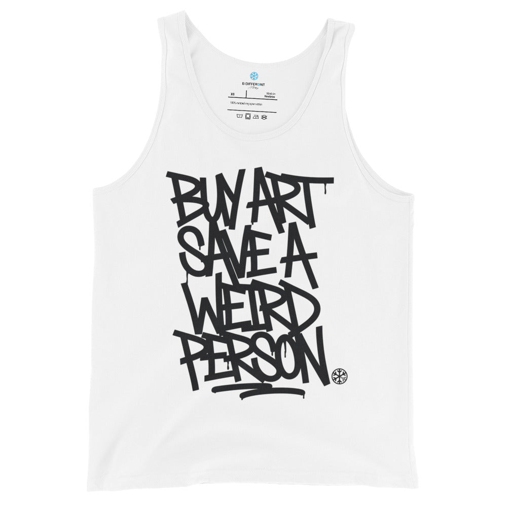 White-Buy Art Save a Weird Person Graffiti Tank Top from B.Different Clothing, front view, graffiti-inspired streetwear