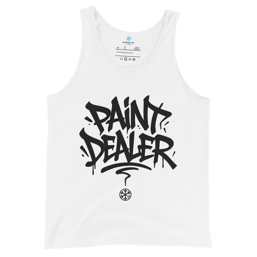 White-Paint Dealer Graffiti Tag Tank Top from B.Different Clothing, front view, graffiti-inspired streetwear