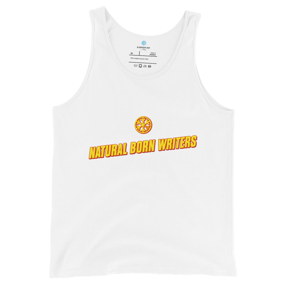 White-Natural Born Writers Graffiti Tank Top from B.Different Clothing, front view, graffiti-inspired streetwear