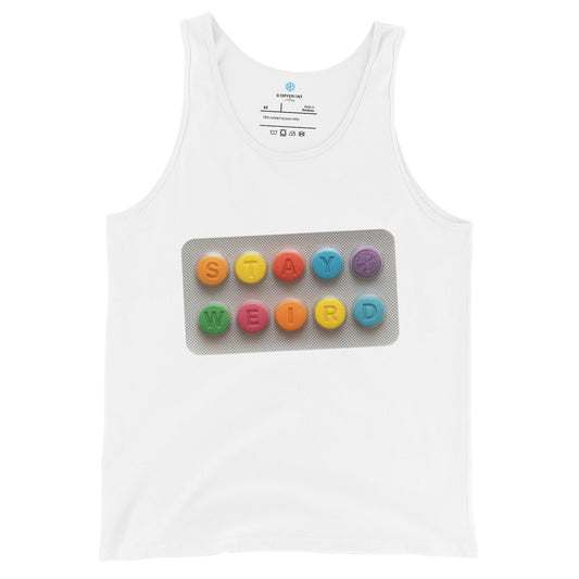 White-Stay Weird Pills Tank Top from B.Different Clothing, front view, graffiti-inspired streetwear